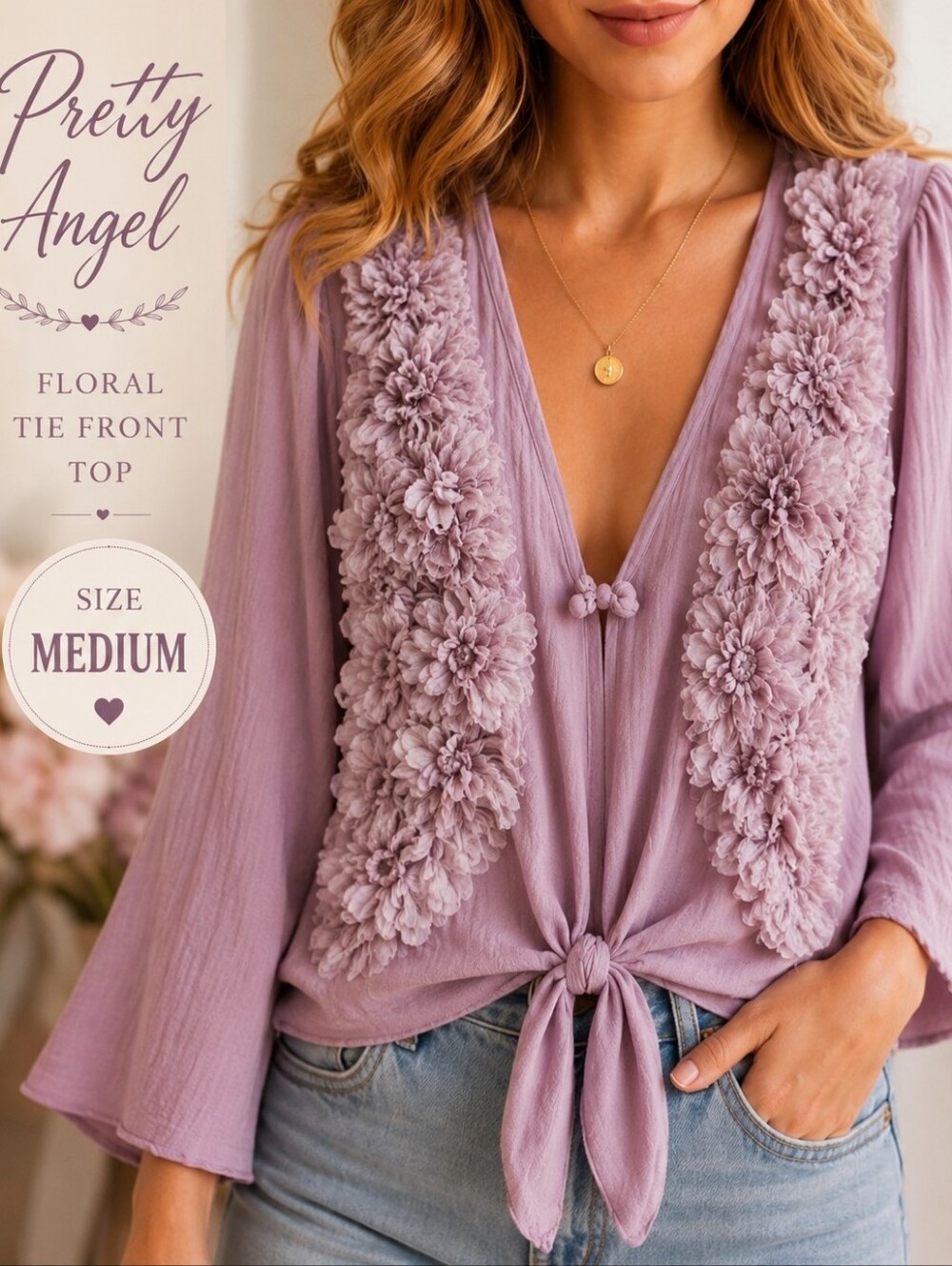 Pretty Angel Lilic 3D Floral Tie Front Cardigan Top Linen Blend Boho Romantic M